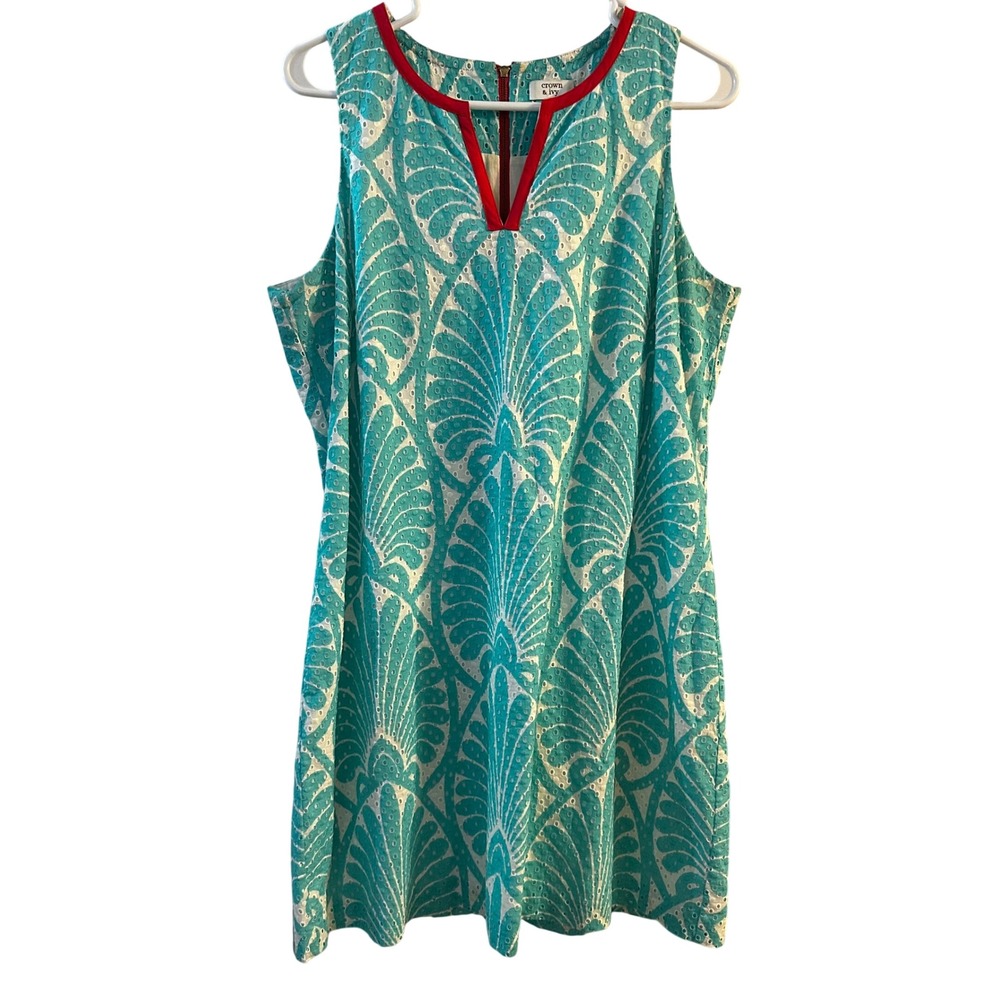 Crown & Ivy Teal Eyelet Shell Print Shift Dress Red Trim Split Neck Womens 12